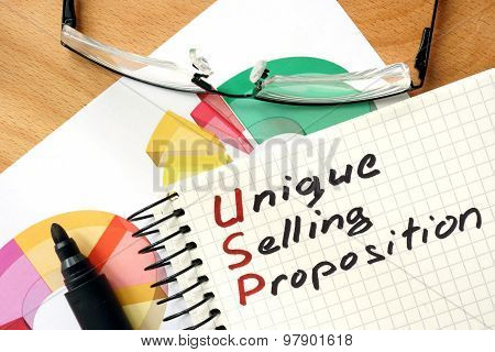 Words Unique Selling Proposition USP on the notepad.