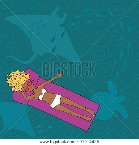 Hand Drawn Lady Lying On Mattress In Sea