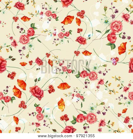 Vintage style watercolour rose seamless background pattern, toned
