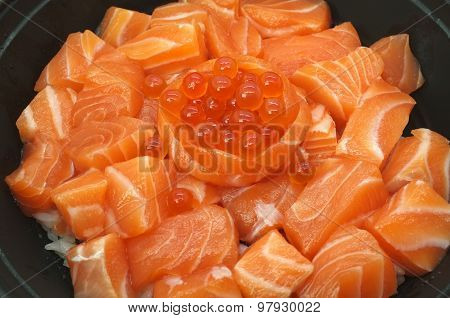Raw and fresh salmon meat and salmon roe