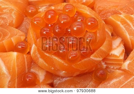 Raw and fresh salmon meat and salmon roe