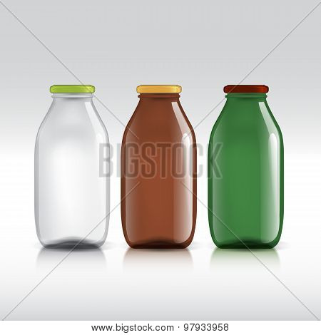 Realistic bottles of glass. package for milk, juice