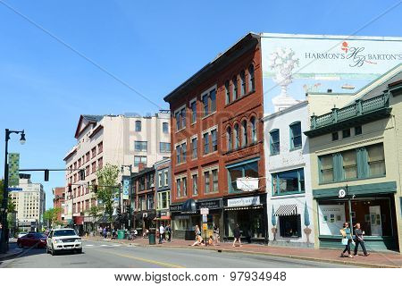 PORTLAND, ME, USA - JUN 20, 2015: Portland Arts District Congress Street is regarded as the heart of Arts District of Portland in Portland, Maine, USA.