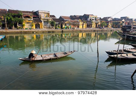 Hoai river in ancient Hoian town in Hoian, Vietnam