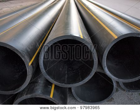 Plastic Pipes Of Large Diameter Black Closeup