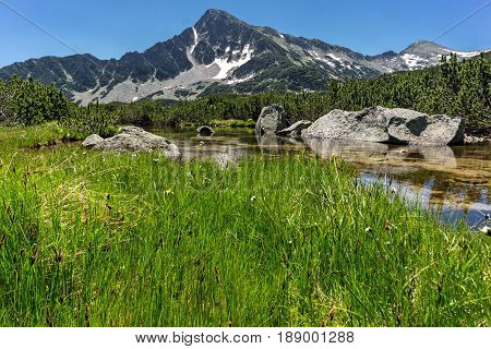Landscape with Reflection of Sivrya peak in Banski lakes, Pirin Mountain, Bulgaria