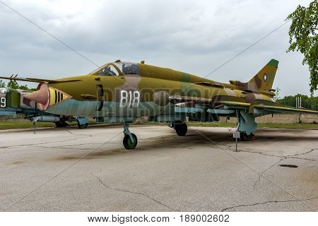 KRUMOVO, PLOVDIV, BULGARIA - 29 APRIL 2017: Fighter-Bomber  Sukhoi Su-22 in Aviation Museum near Plovdiv Airport, Bulgaria