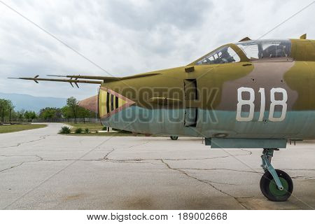 KRUMOVO, PLOVDIV, BULGARIA - 29 APRIL 2017: Fighter-Bomber  Sukhoi Su-22 in Aviation Museum near Plovdiv Airport, Bulgaria