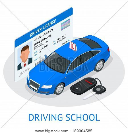 Design concept driving school or learning to drive. Flat isometric illustration.