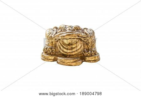 Cash mascot - Chan Chu - a gold frog figurine sitting on coins.isolated on white background with clipping path.