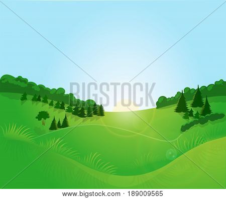 Early morning, field, forest, sunrise. Blue sky.