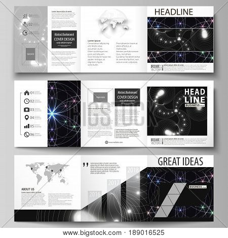 Set of business templates for tri fold square design brochures. Leaflet cover, abstract flat layout, easy editable vector. Sacred geometry, glowing geometrical ornament. Mystical background