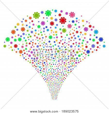 Gear salute stream. Vector illustration style is flat bright multicolored iconic symbols on a white background. Object explosion fountain constructed from random pictograms.