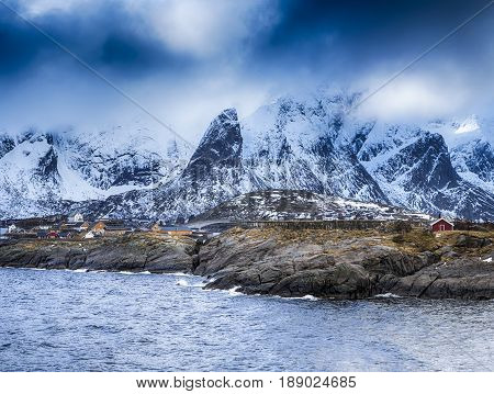 Travel concepts and Ideas. Picturesque Breathtaking View of Hamnoy Village at Lofoten Islands Shot from Upper Point.Horizontal Image