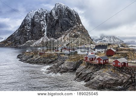 Travel concepts and Ideas. Picturesque Breathtaking View of Hamnoy Village at Lofoten Islands Shot from Upper Point.Horizontal Image Orientation.