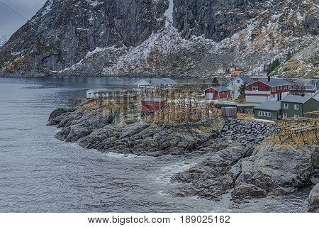 Travel concepts and Ideas. Picturesque Breathtaking View of Hamnoy Village at Lofoten Islands Shot from Upper Point.Horizontal Image
