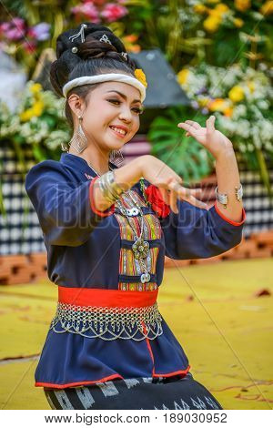 NAKORN PHANOM THAILAND - FEBRUARY 14 2015: Thai northeastern dance in Phutai world event day in Renunakorn of Nakorn Phanom Thailand