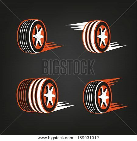 Car tire icons set in dark grey, white and orange colours useful for icon and logotype design on a dark background. Vector illustration in a modern style. Digital pictogram collection.