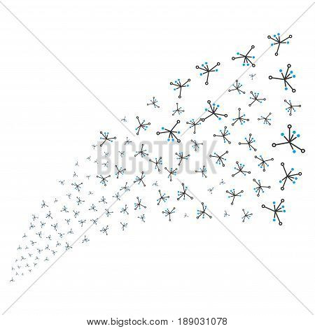 Big Bang source stream. Vector illustration style is flat blue and gray iconic symbols on a white background. Object stream fountain organized from scattered symbols.