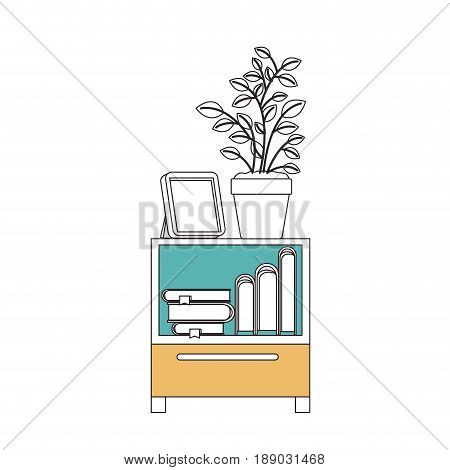silhouette color sections of decorative cabinet table with books and plantpot vector illustration