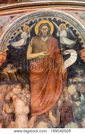 PADUA ITALY - MAY 3 2016: The frescos in Baptistery of Duomo or The Cathedral of Santa Maria Assunta by Giusto de Menabuoi . Padua. Italy