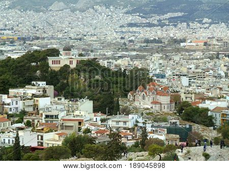 Impressive Cityscape of Athens view from the Philopappos Hill in Athens, Greece