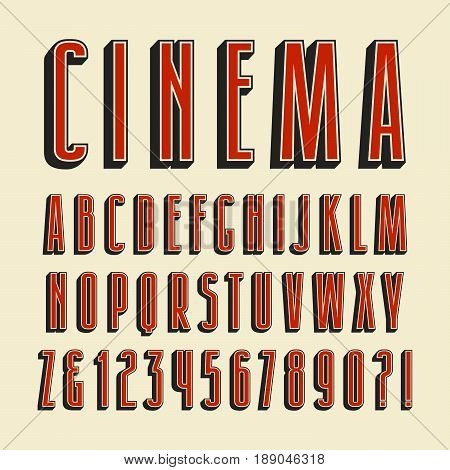 Decorative sanserif font with effect of volume. Design for titles and logos. Color print on light background
