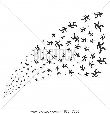 Running Man source stream. Vector illustration style is flat gray iconic symbols on a white background. Object explosion fountain made from randomized symbols.