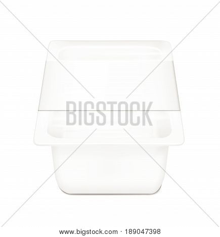 White empty plastic container for cheese. Packaging for meat, fish and vegetables.