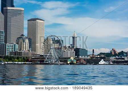 Seattle waterfront viewed from Elliott Bay, Seattle, WA