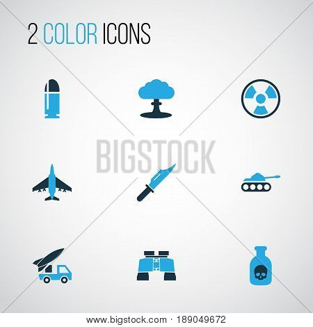 Combat Colorful Icons Set. Collection Of Poison, Bio Hazard, Binoculars And Other Elements. Also Includes Symbols Such As Hazar, Nuclear, Artillery.