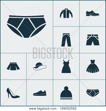 Clothes Icons Set. Collection Of Stylish Apparel, Sarafan, Heel Footwear And Other Elements. Also Includes Symbols Such As Trunks, Dress, Shoe.
