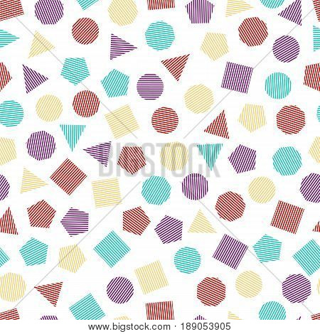 Seamless geometric pattern with multicolored squares triangles circles pentagons hexagons and heptagons for tissue and postcards. Trendy geometric elements. Hipsters modern color background. Vector illustration