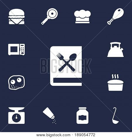 Set Of 13 Cooking Icons Set.Collection Of Non-Stick, Weighing Machine, Chef Cap And Other Elements.