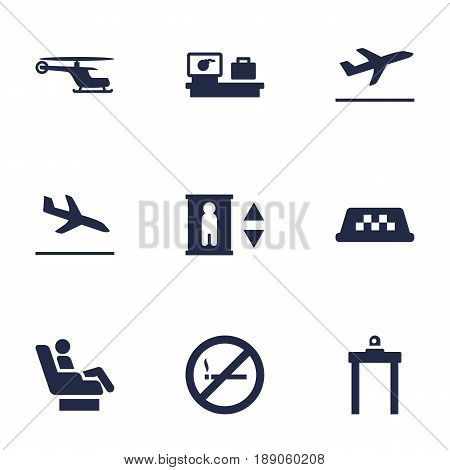 Set Of 9 Plane Icons Set.Collection Of Lift, Letdown, Cab And Other Elements.