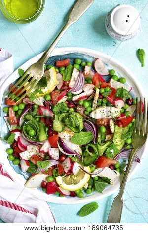 Summer Colorful Vegetable Salad With Chicken And Mint.top View.