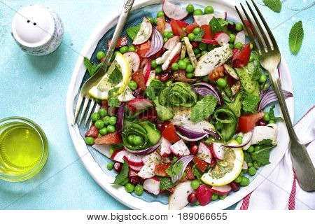 Summer Colorful Vegetable Salad With Chicken And Mint.top View.