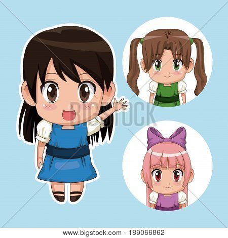 blue color set cute anime tennagers girl in dress with several facial expressions vector illustration
