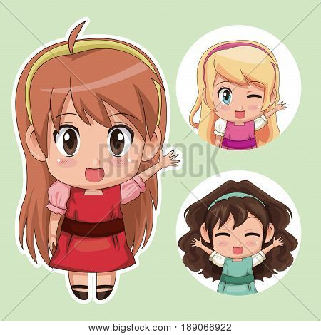 green color set cute anime tennagers girl in dress with several facial expressions vector illustration