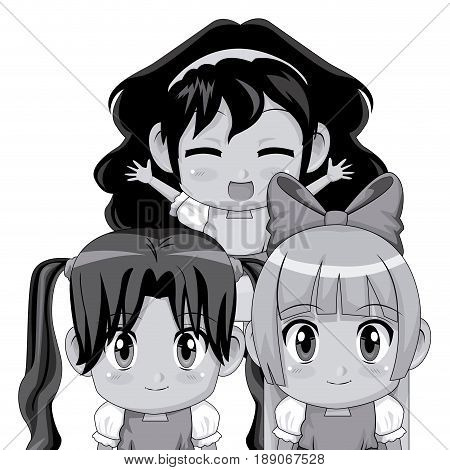 monochrome set three half body cute anime tennagers girls facial expression vector illustration
