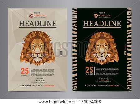 Flyer Layout with Lion abstract portrait. Visit the Zoo. Vector illustration.