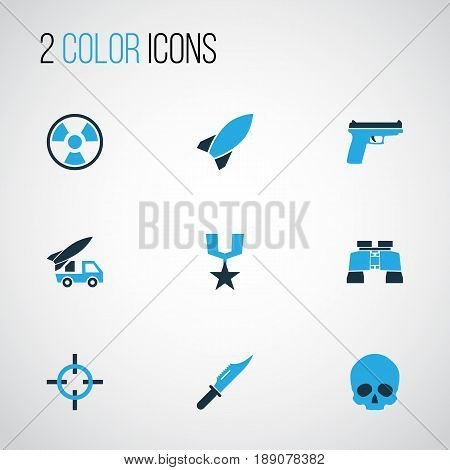 Warfare Colorful Icons Set. Collection Of Aim, Skull, Knife And Other Elements. Also Includes Symbols Such As Grenade, Hazar, Gun.