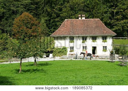 People Visiting On Horses Old Farm Houses In Ballenberg