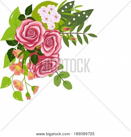 Corner flower composition, three roses, branches of flowering dogrose and cherry, lily of the valley flowers and leaves, isolated on white background, vector illustration