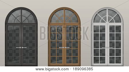 Set of classic arched wooden doors for a balcony. Doors of different colors. Vector graphics