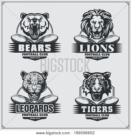 Football badges, labels and design elements. Sport club emblems with bear, lion, tiger and leopard.