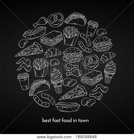 Poster round composition with hand drawn fast food for cafe menu design. Vector vintage chalk board llustration