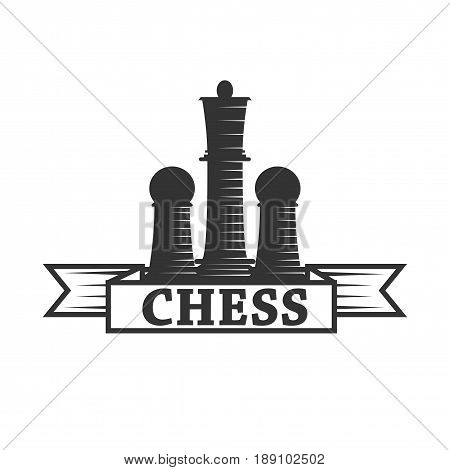 Chess club vector logo template of chessman king and rook or pawn with ribbon. Isolated label or icon for championship or tournament