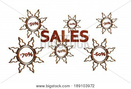 Red Sales design with discount numbers inside golden suns with white background