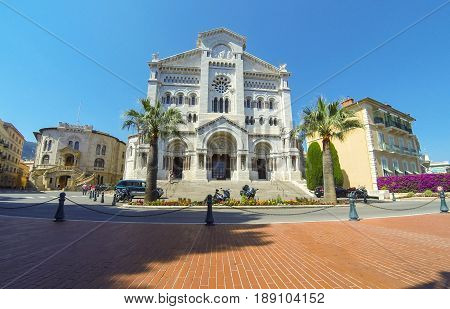 Exterior of the Monaco Cathedral (Cathedrale de Monaco) in Monaco-Ville Monaco. It's famous for the tombs of Princess Grace and Prince Rainier